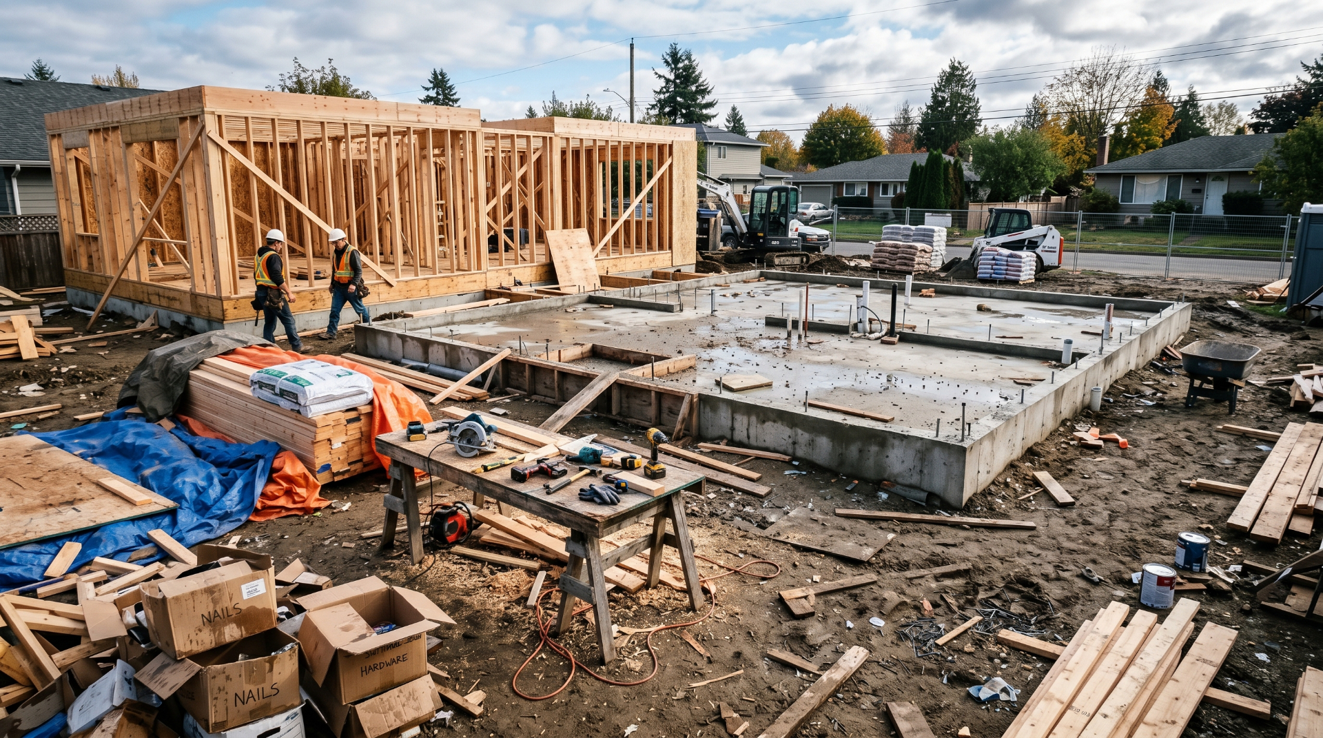 Residential construction site with framing and foundation in progress