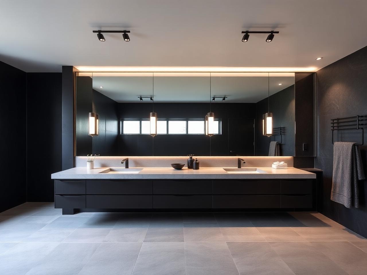 Modern dark bathroom with double vanity and large mirror