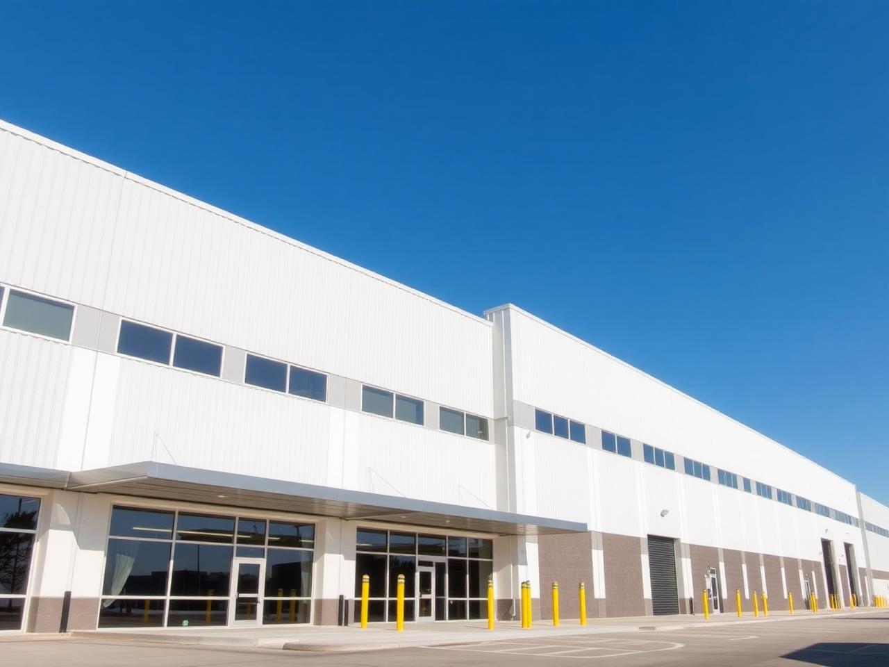 Commercial industrial building with white exterior under blue sky