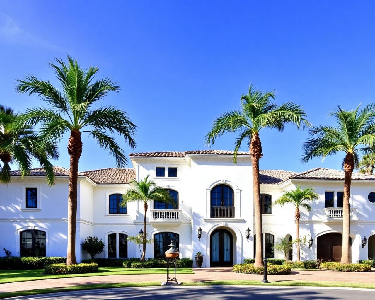 Luxury Mediterranean residential home exterior with palm trees